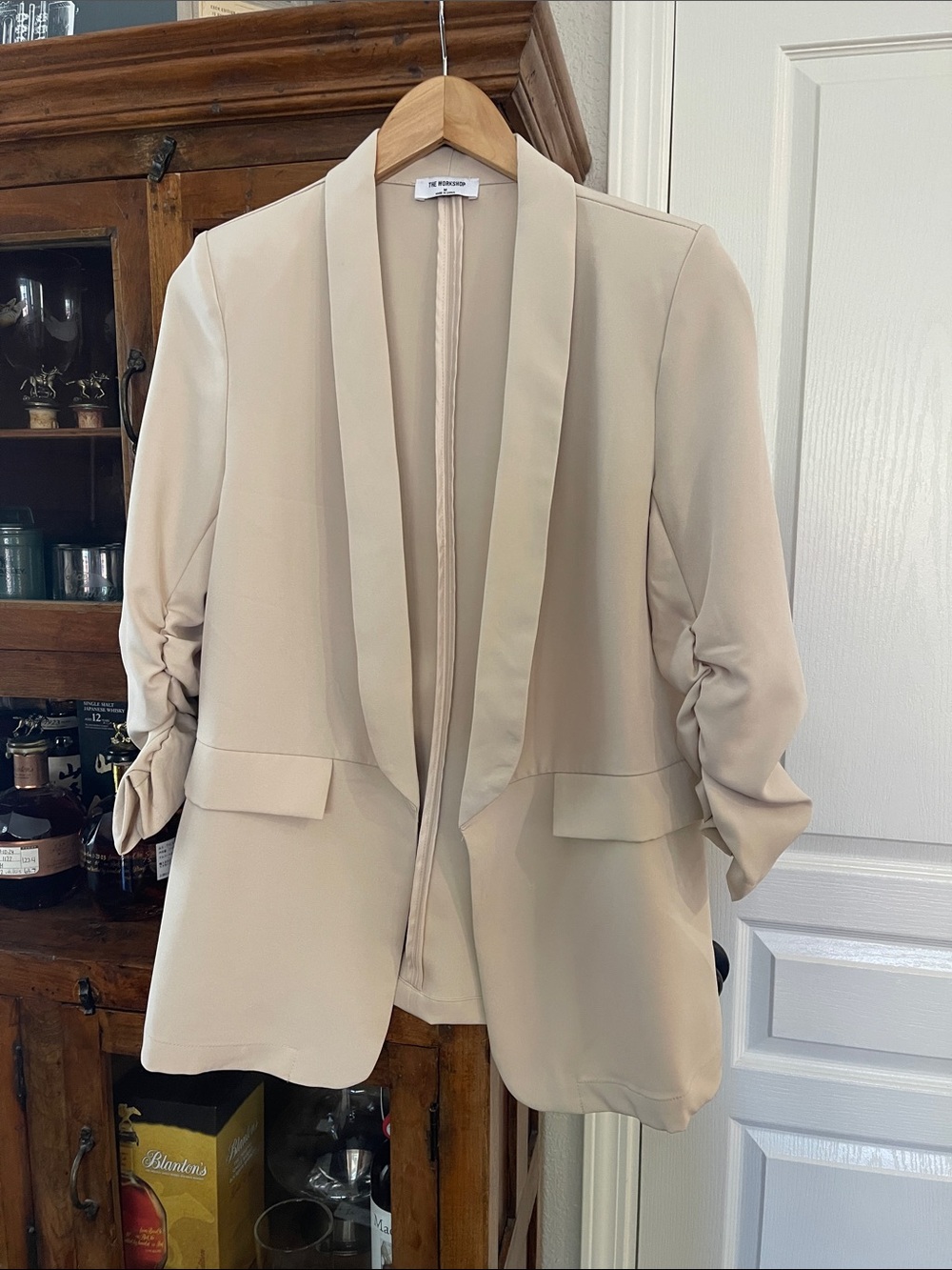 The Workshop Beige Open-Front Blazer with Ruched Sleeves